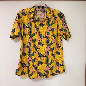 Jogal Banana Print Button Down Shirt Mens Medium Pink Yellow Tropical | Kitsch
